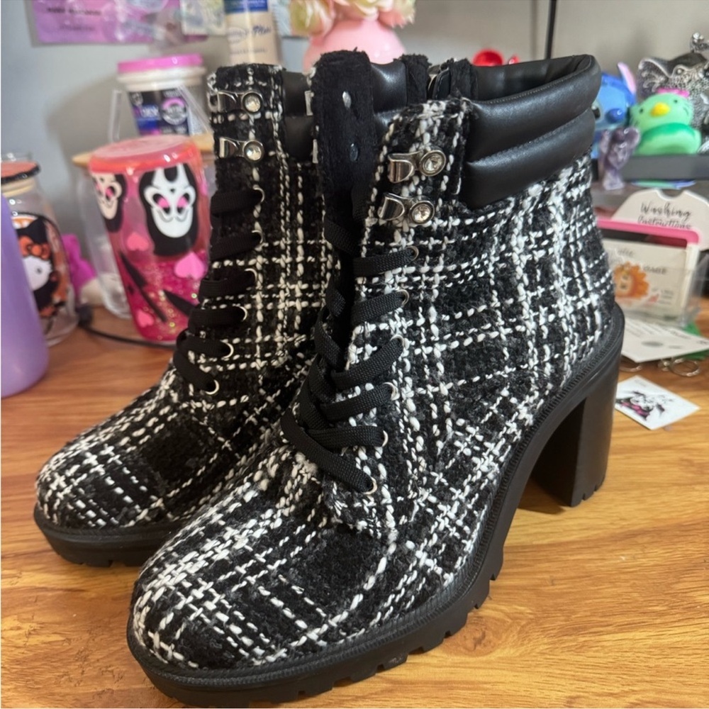 J-Lo Elegant Black and White Tweed Heeled Boots